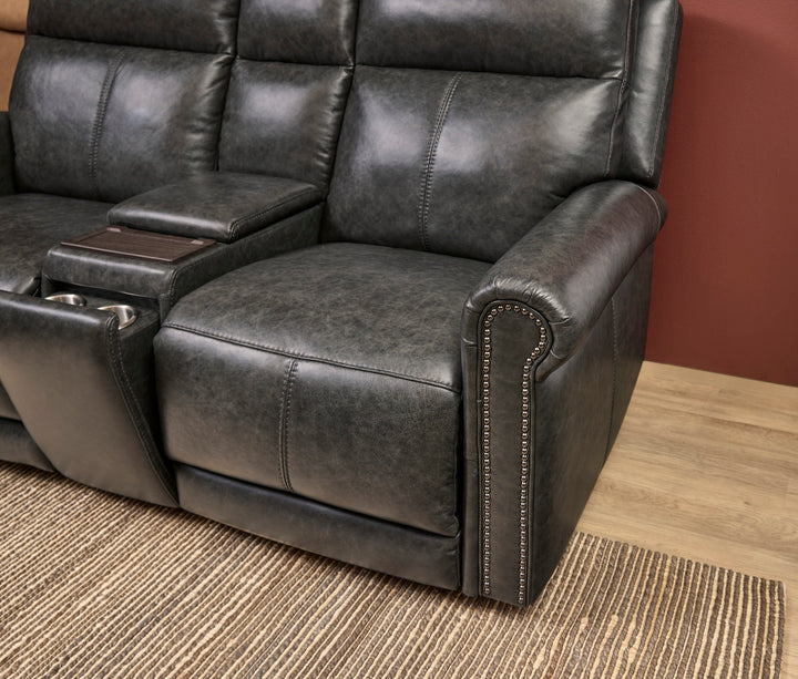 Alexander Leather Power Reclining Loveseat with Console, Power Headrest &amp; Lumbar in Weathered Stone