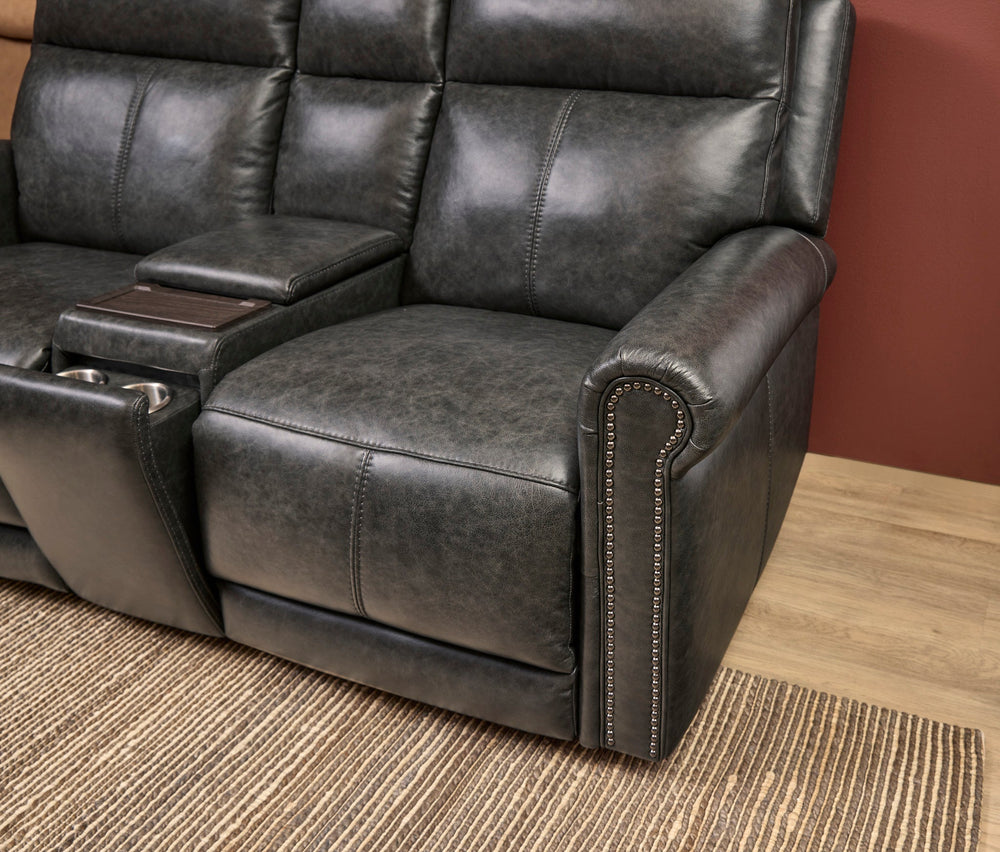 Alexander Leather Power Reclining Loveseat with Console, Power Headrest & Lumbar in Weathered Stone