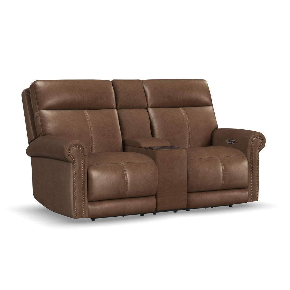Alexander Leather Power Reclining Loveseat with Console, Power Headrest & Lumbar in Tawny