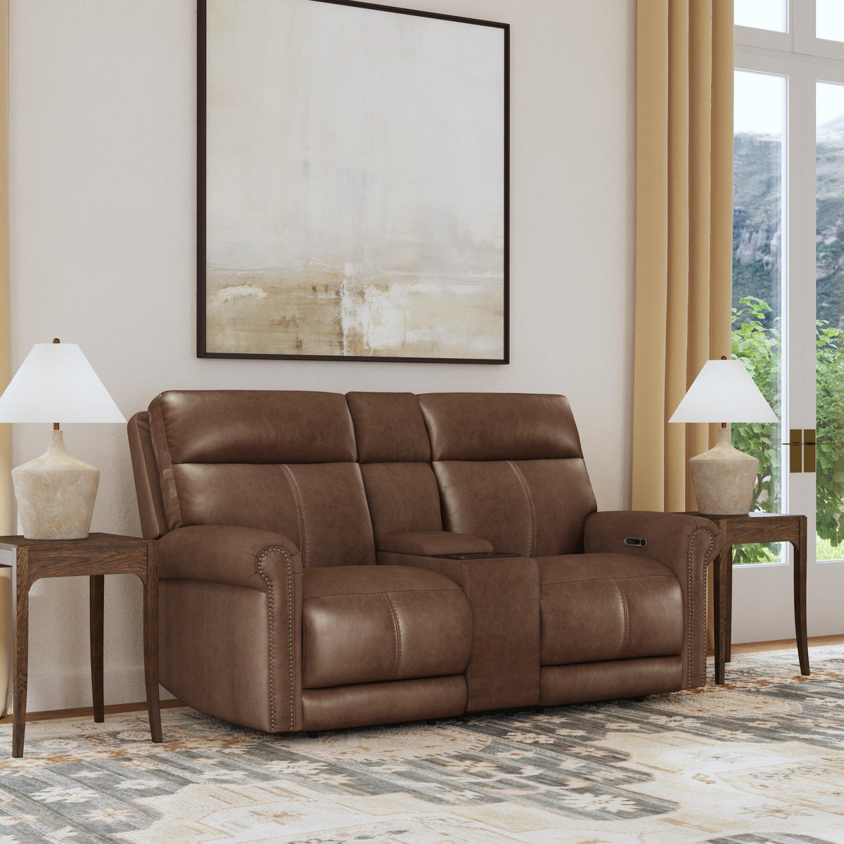 Alexander Leather Power Reclining Loveseat with Console, Power Headrest & Lumbar in Tawny
