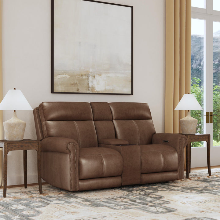 Alexander Leather Power Reclining Loveseat with Console, Power Headrest &amp; Lumbar in Tawny