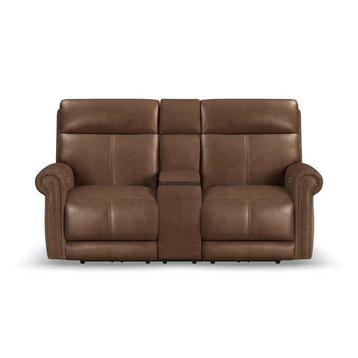 Alexander Leather Power Reclining Loveseat with Console, Power Headrest &amp; Lumbar in Tawny