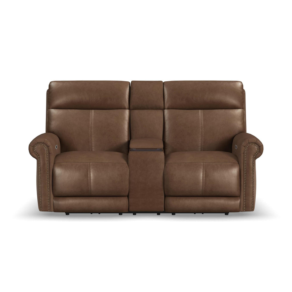 Alexander Leather Power Reclining Loveseat with Console, Power Headrest & Lumbar in Tawny
