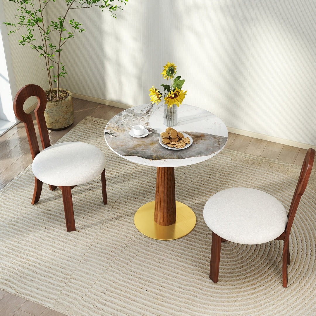 Modern Round Sintered Stone Dining Table With Wooden Leg & Gold Base, Brown-White