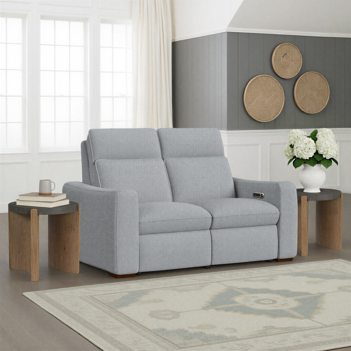 Ava Fabric Power Reclining Loveseat with Power Headrest & Lumbar in Stonewash
