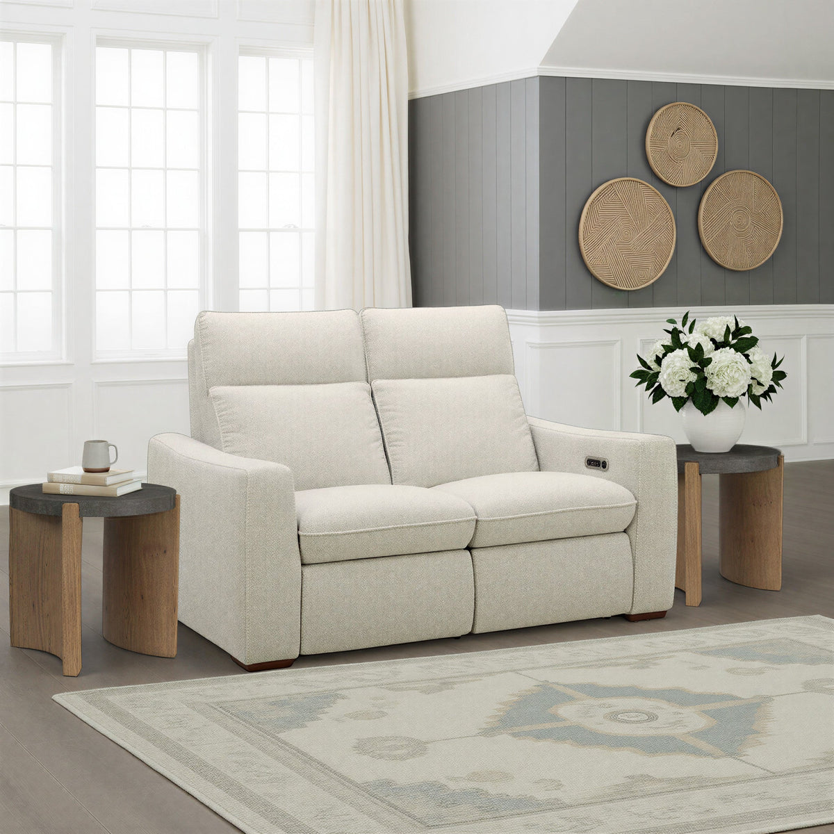 Ava Fabric Power Reclining Loveseat with Power Headrest & Lumbar in Silver Sand
