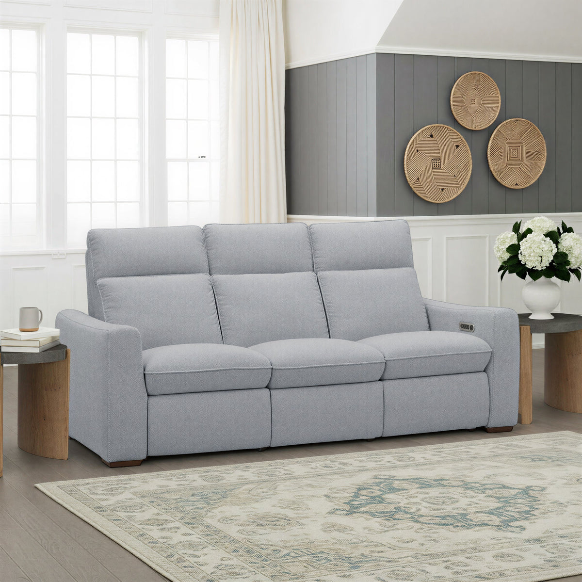 Ava Fabric Power Reclining Sofa with Power Headrest & Lumbar in Stonewash
