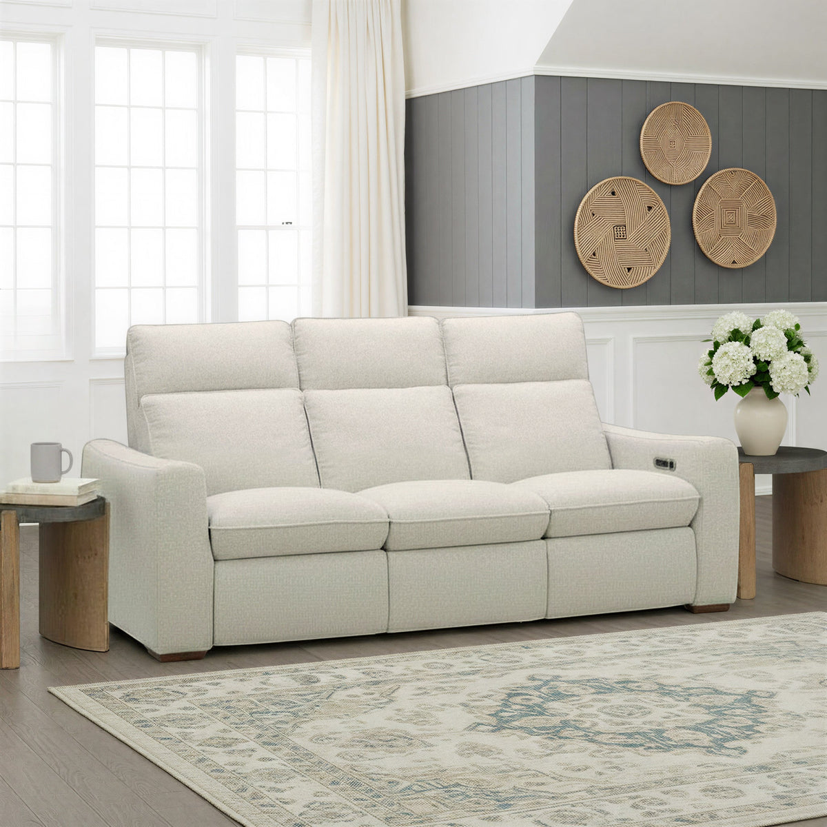 Ava Fabric Power Reclining Sofa with Power Headrest & Lumbar in Silver Sand