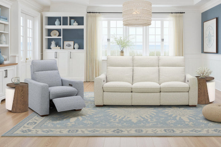 Ava Fabric Power Reclining Sofa with Power Headrest &amp; Lumbar in Silver Sand