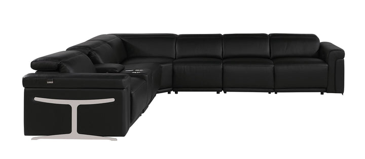 DivanItalia 1126 7-Piece L-Shaped Sectional Sofa in Top Grain Italian Leather with 4 Power Recliners &amp; Power Headrests - Black