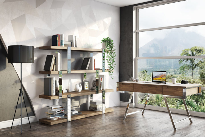 Brewer - Modern Walnut Glass &amp; Stainless Steel Bookshelf