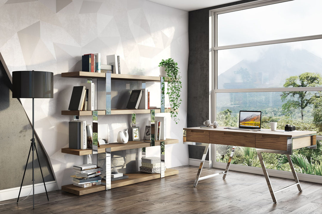 Brewer - Modern Walnut Glass & Stainless Steel Bookshelf