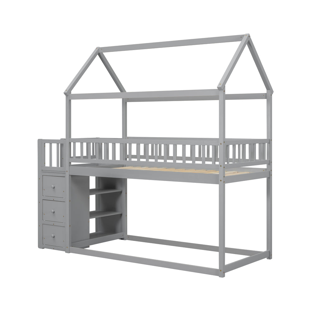 twin-twin-house-bunk-bed-with-shelves-and-drawers-grey-color