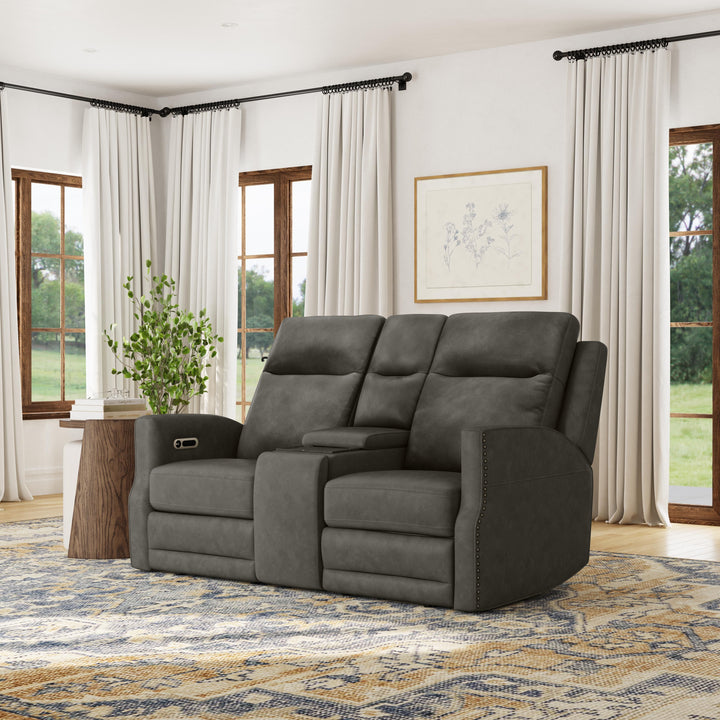 Maxwell Leather Power Reclining Loveseat with Console, Power Headrests and Lumbar in Cinder