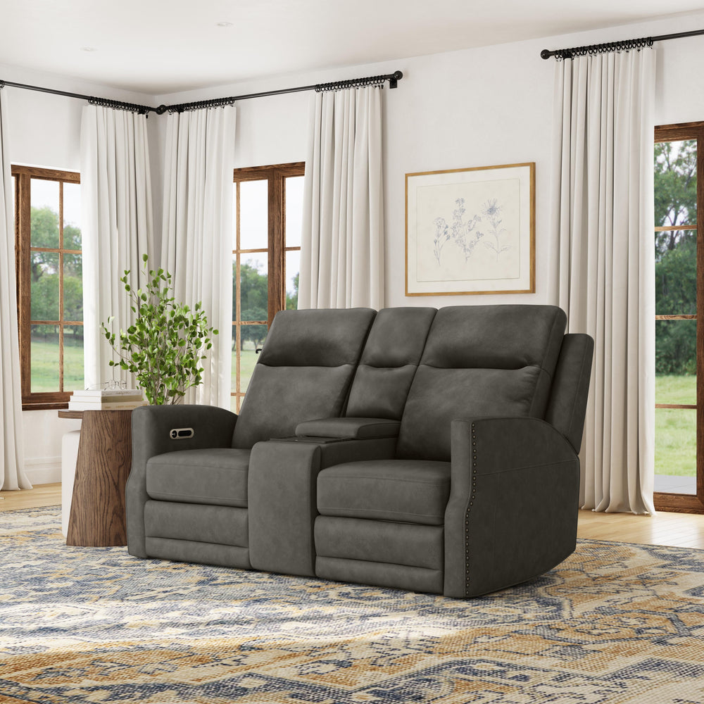 Maxwell Leather Power Reclining Loveseat with Console, Power Headrests and Lumbar in Cinder