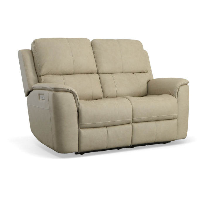 Flexsteel Henry Beige Leather Power Reclining Loveseat with Headrest &amp; Lumbar
