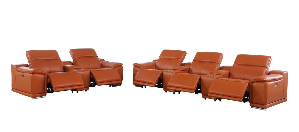 DivanItalia 9762 8-Piece Modular Power Reclining Sofa and Console Loveseat Set with Top Grain Italian Leather - Camel