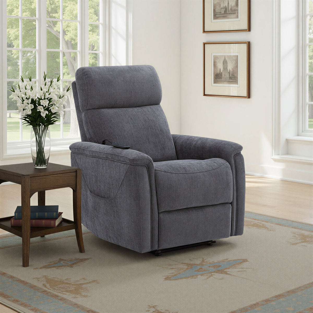 Luma Fabric Power Lift Recliner with Power Headrest, Lumbar, Heat & Massage in Shadow
