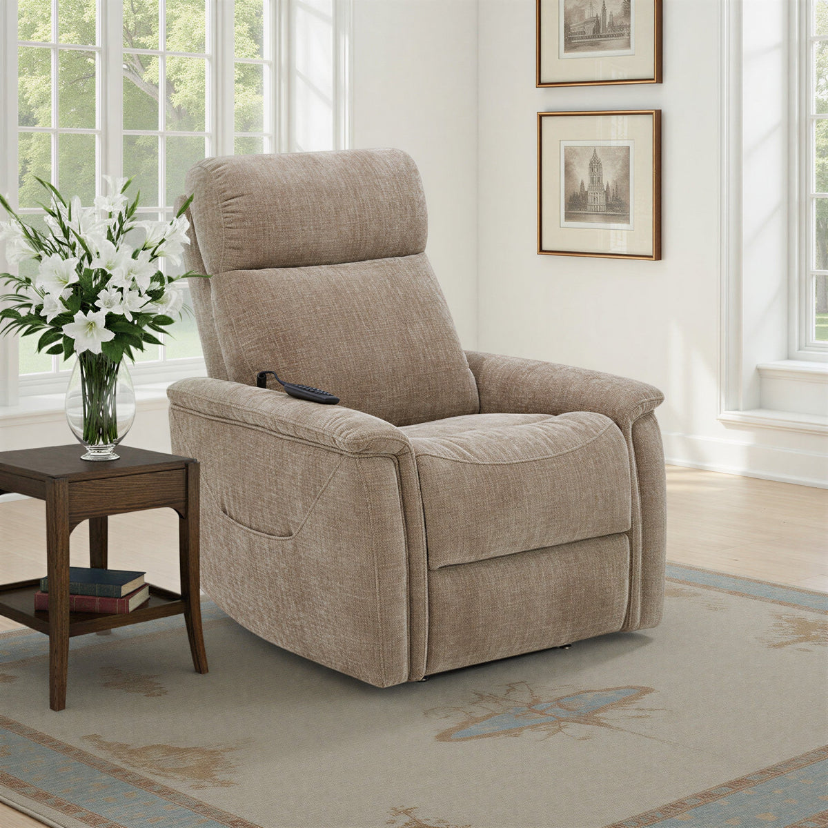 Luma Fabric Power Lift Recliner with Power Headrest, Lumbar, Heat & Massage in Sable