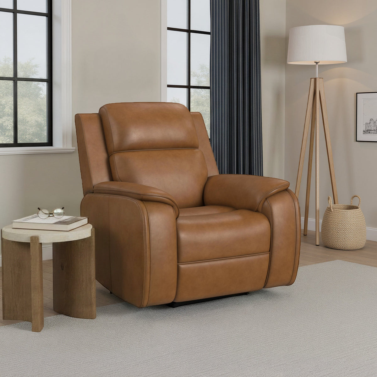 Ziggy Leather Power Recliner with Power Headrest, Lumbar, Heat & Massage in Camel