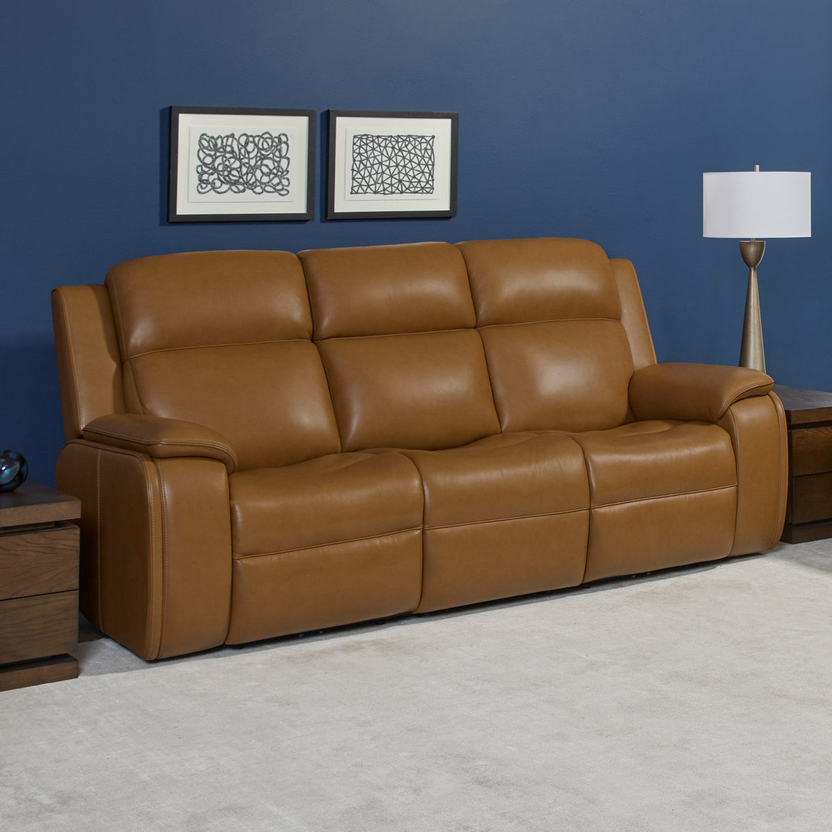 Ziggy Leather Power Reclining Sofa with Power Headrest, Lumbar, Heat & Massage in Camel