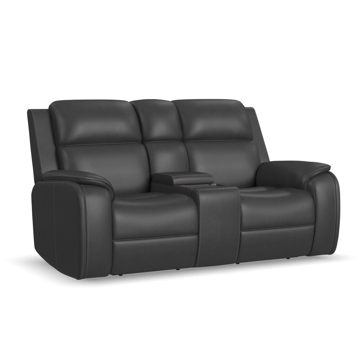 Ziggy Leather Power Reclining Loveseat with Console, Power Headrest, Lumbar, Heat & Massage in Iron