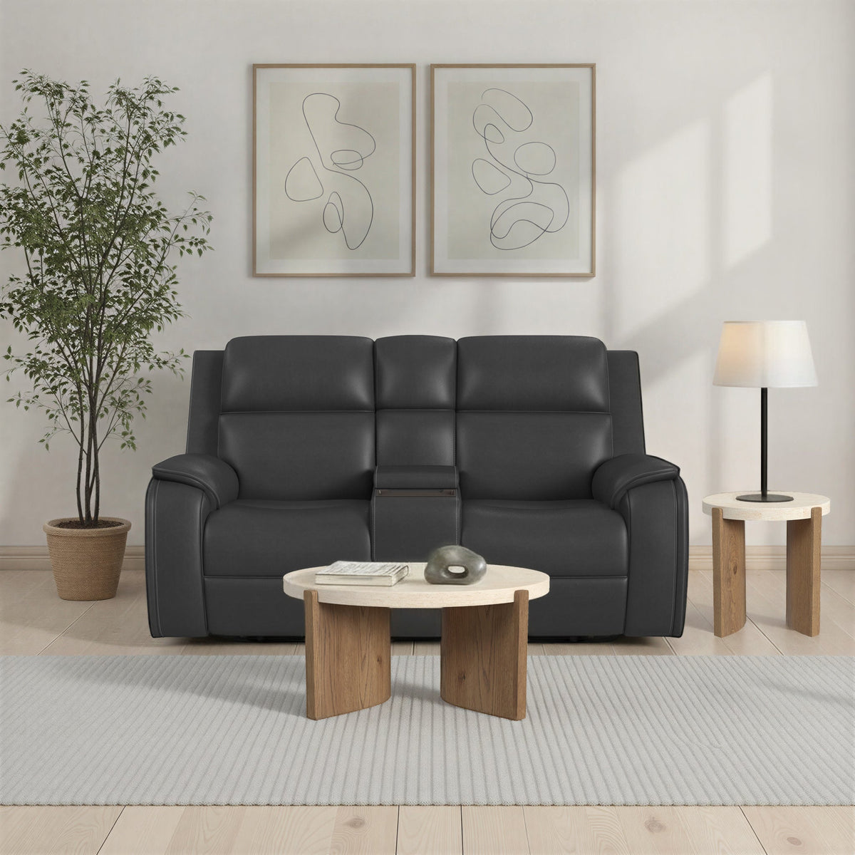 Ziggy Leather Power Reclining Loveseat with Console, Power Headrest, Lumbar, Heat & Massage in Iron