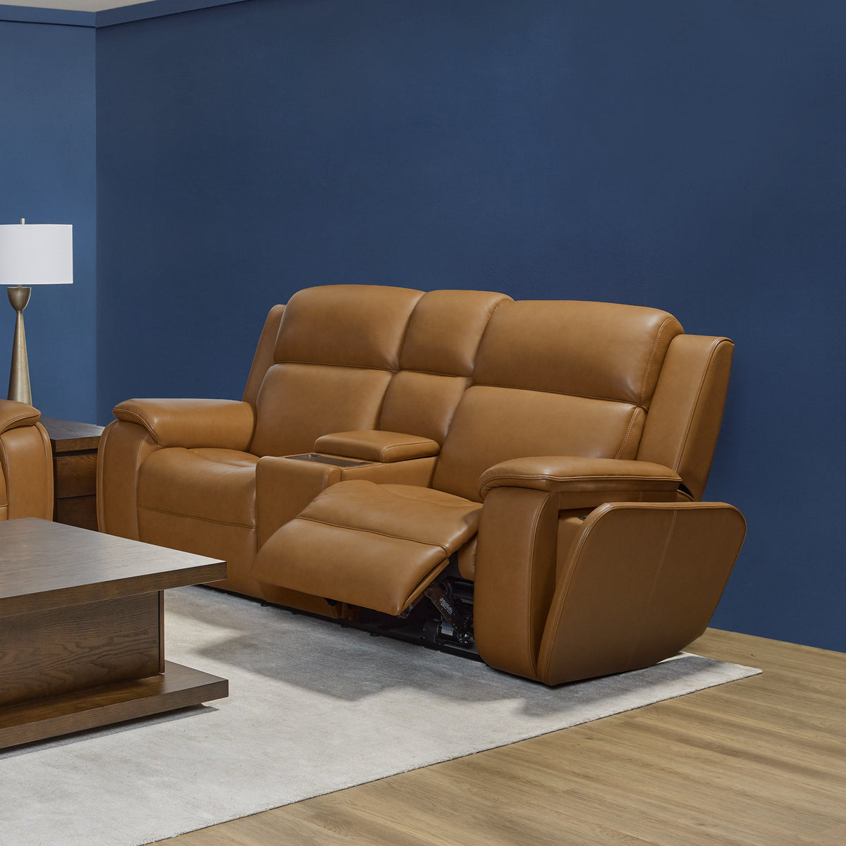 Ziggy Leather Power Reclining Loveseat with Console, Power Headrest, Lumbar, Heat & Massage in Camel