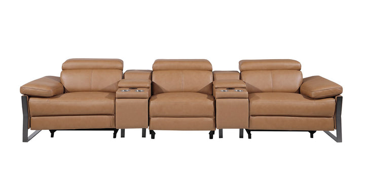 DivanItalia 1246 Modular Power Triple Reclining Dual Console Sofa with Power Reclining Headrests – Top Grain Italian Leather - Cognac