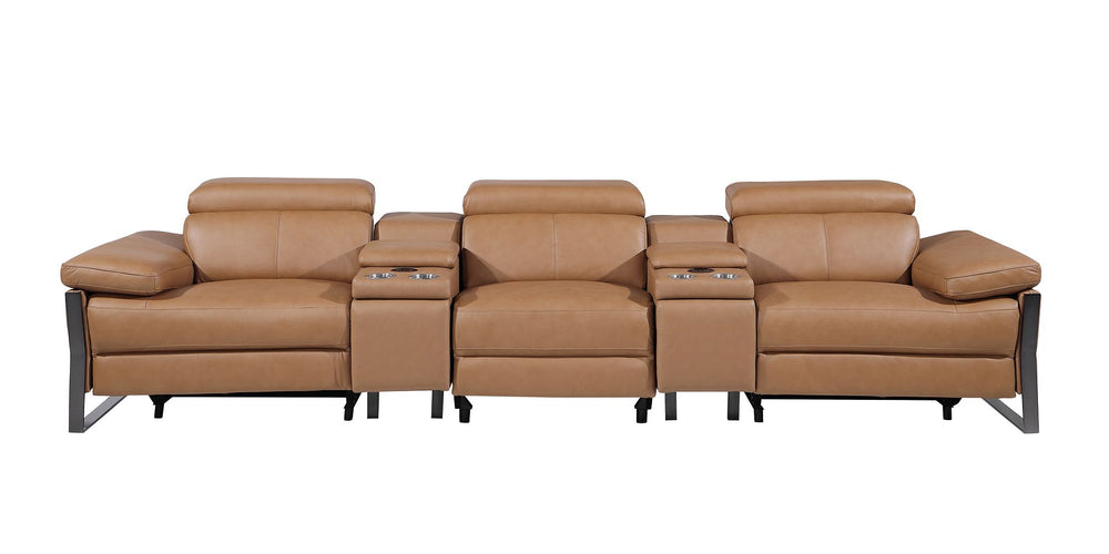 DivanItalia 1246 Modular Power Triple Reclining Dual Console Sofa with Power Reclining Headrests – Top Grain Italian Leather - Cognac