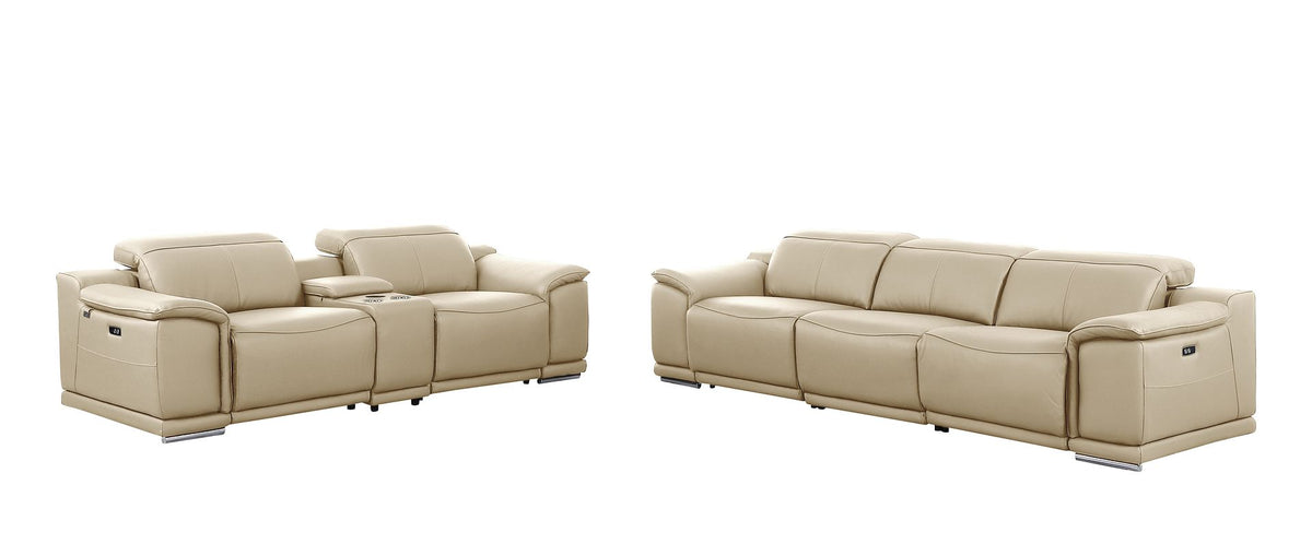 DivanItalia 9762 6-Piece Modular Power Reclining Sofa and Console Loveseat Set with 5 Power Recliners in Top Grain Italian Leather - Beige
