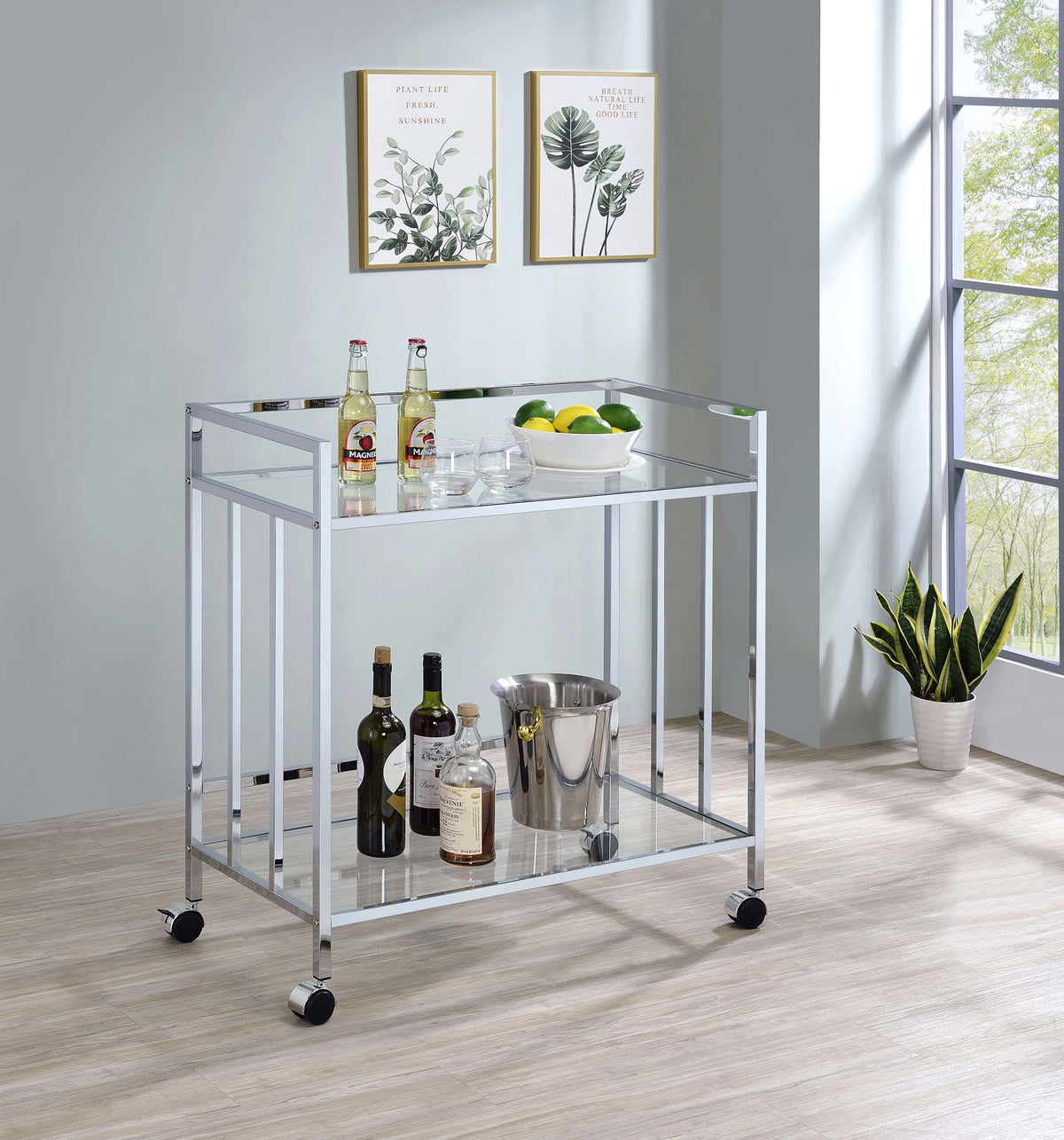 Cara - 2-Tier Rectangular Glass Shelf Metal Bar Cart - Chrome
