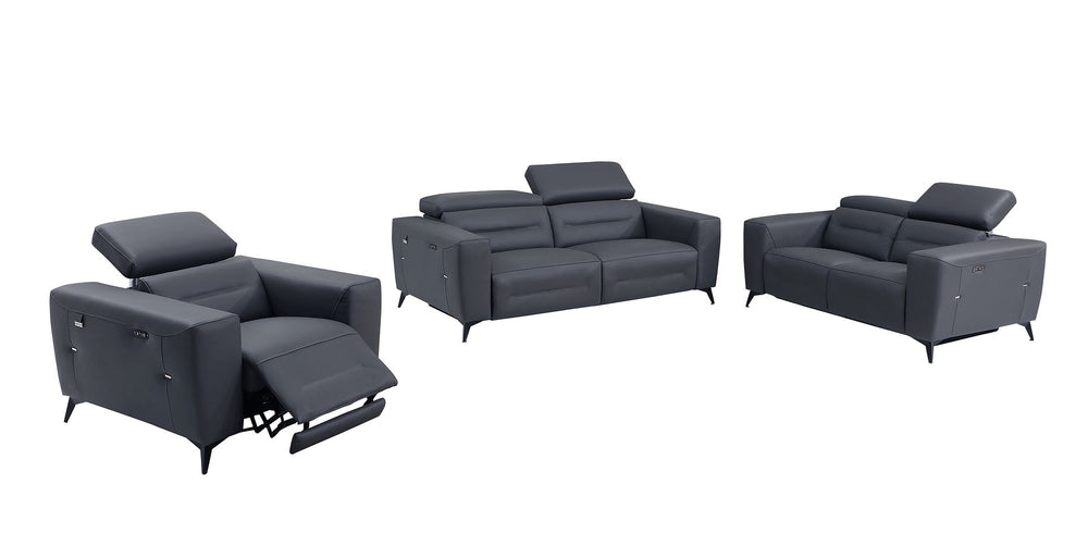 DivanItalia 989 Power Reclining 3-Piece Sofa Set with Power Headrest in Top-Grain Italian Leather - Dark Gray