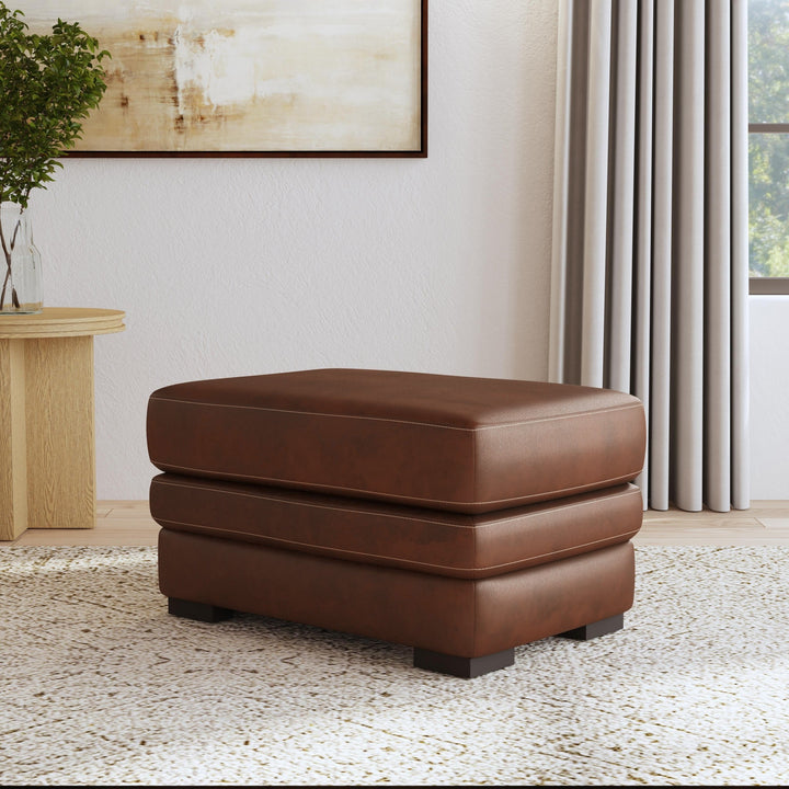 David Pecan Leather Ottoman in Pecan