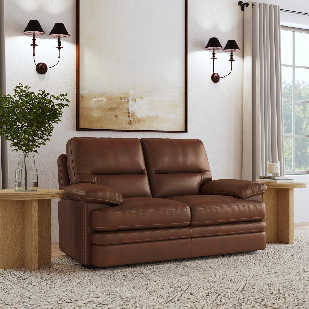 David Pecan Leather Loveseat in Pecan