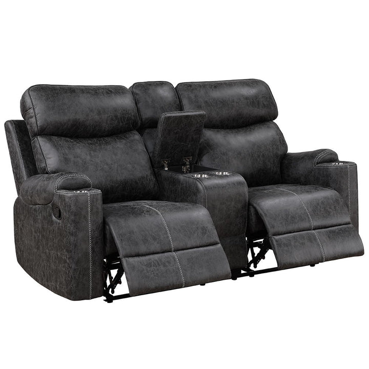 hirah-motion-loveseat-with-console-usb-port-dark-gray-polish-microfiber