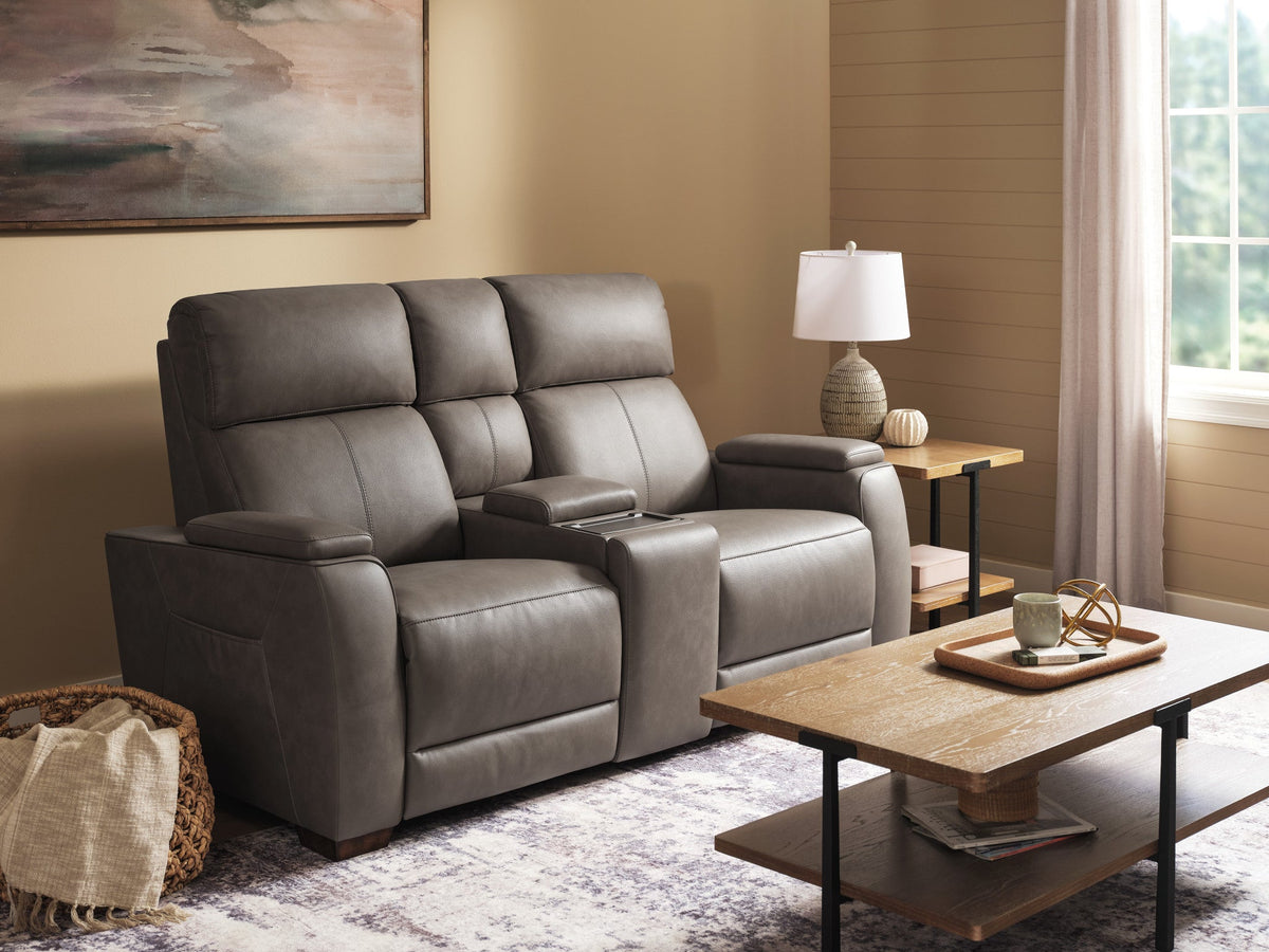 Vibe Fabric Power Reclining Loveseat with Console, Power Headrest, Lumbar, Heat, Massage & Pulse (Cover 76302)