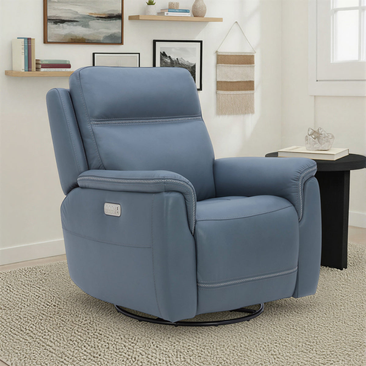 Sawyer Leather Swivel Glider with Power Headrest, Lumbar, Heat & Massage in Marine