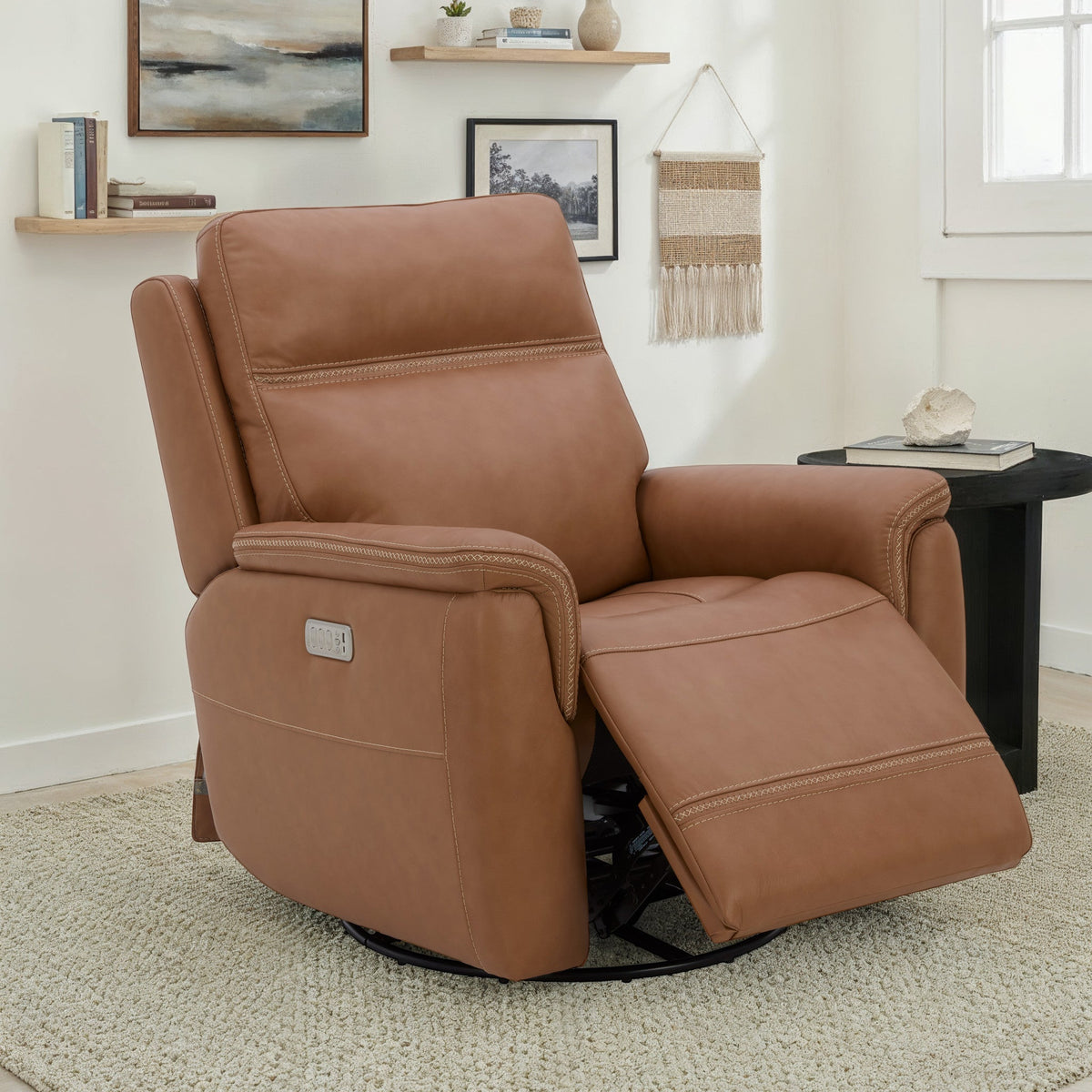 Sawyer Leather Swivel Glider with Power Headrest, Lumbar, Heat & Massage in Harvest