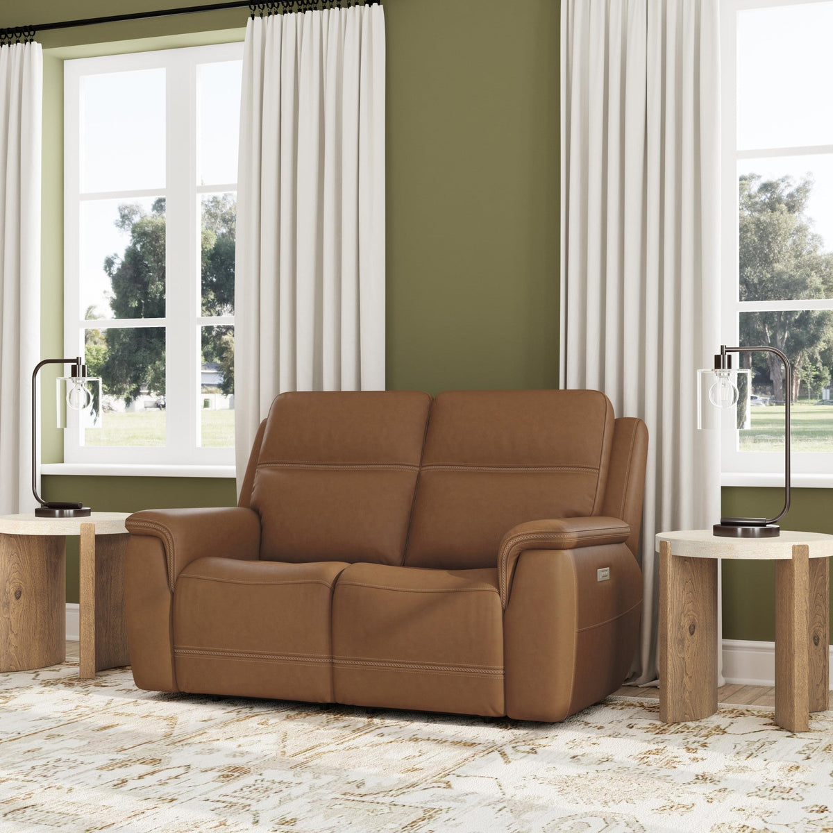 Sawyer Leather Power Reclining Loveseat with Pwr Headrests, Lumbar in Harvest