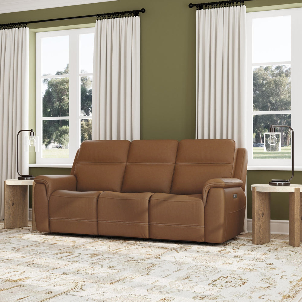 Sawyer Leather Power Reclining Sofa with Power Headrests & Lumbar in Harvest