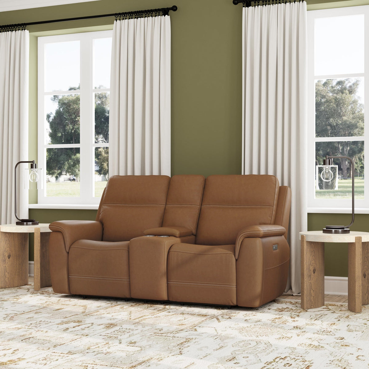 Sawyer Leather Pwr Recl Loveseat with Console, Pwr Hdrsts, Lumbar in Harvest