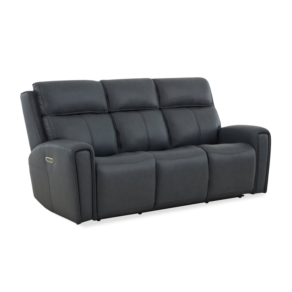 Warren Leather Power Reclining Sofa with Console, Power Headrest & Lumbar in True Navy