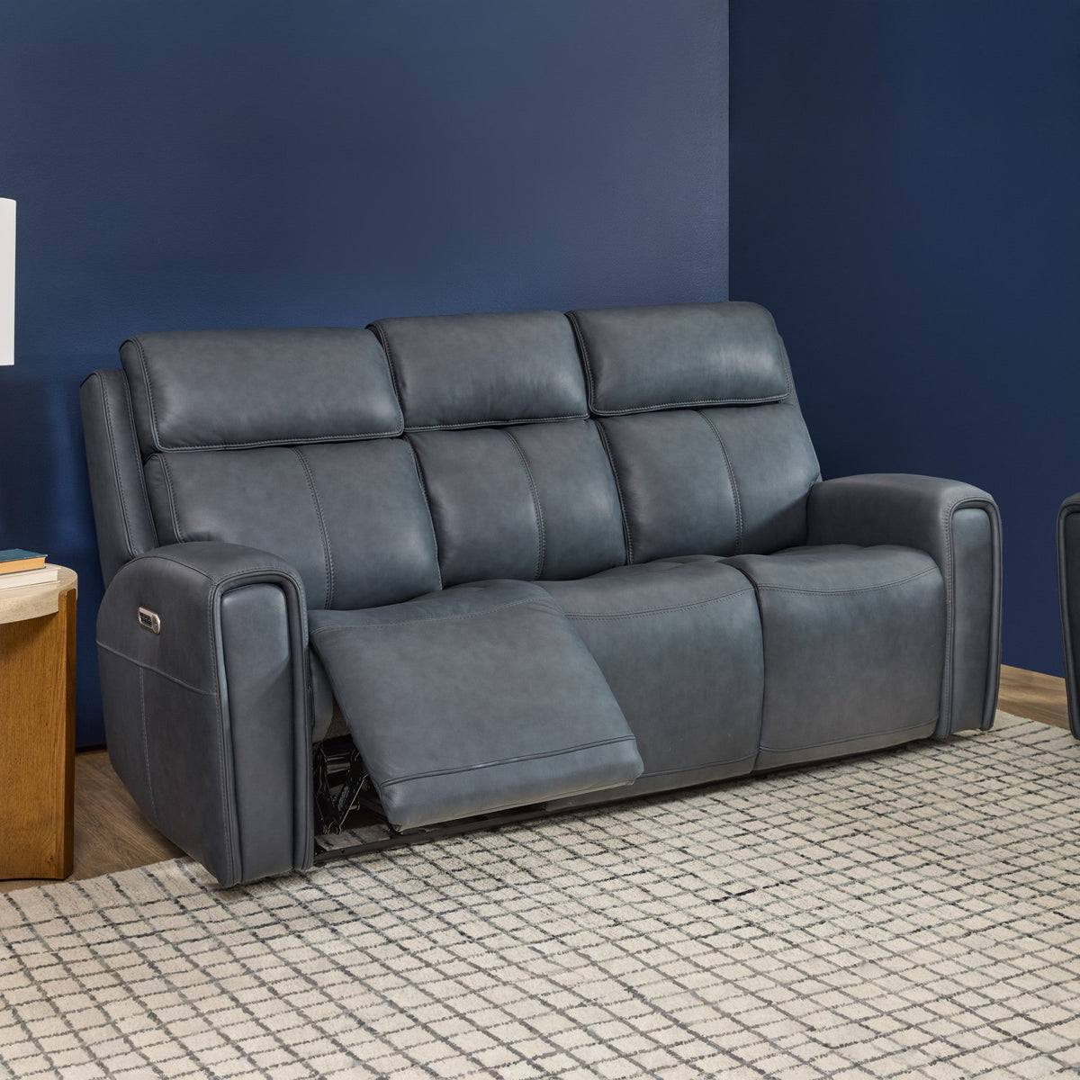 Warren Leather Power Reclining Sofa with Console, Power Headrest & Lumbar in True Navy