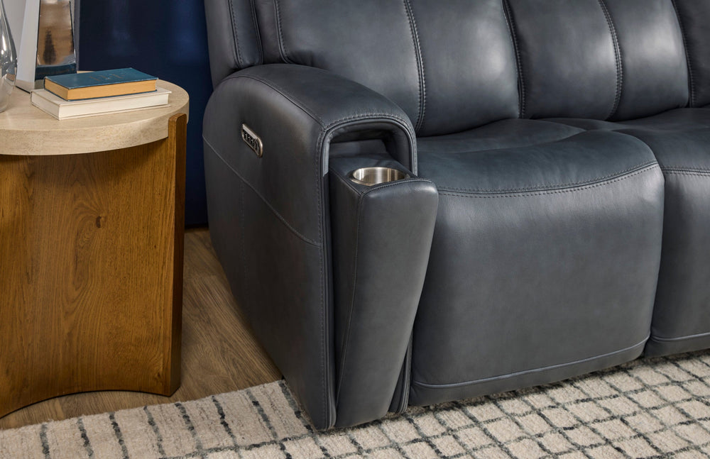 Warren Leather Power Reclining Sofa with Console, Power Headrest & Lumbar in True Navy