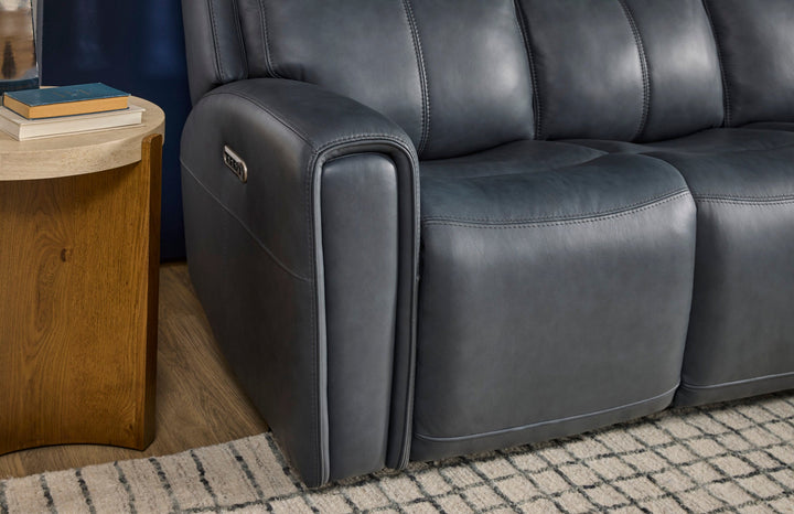 Warren Leather Power Reclining Sofa with Console, Power Headrest &amp; Lumbar in True Navy