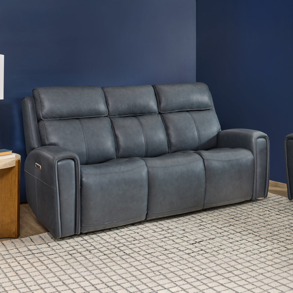 Warren Leather Power Reclining Sofa with Console, Power Headrest & Lumbar in True Navy