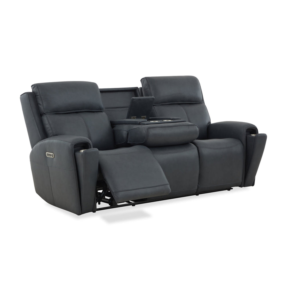 Warren Leather Power Reclining Sofa with Console, Power Headrest & Lumbar in True Navy