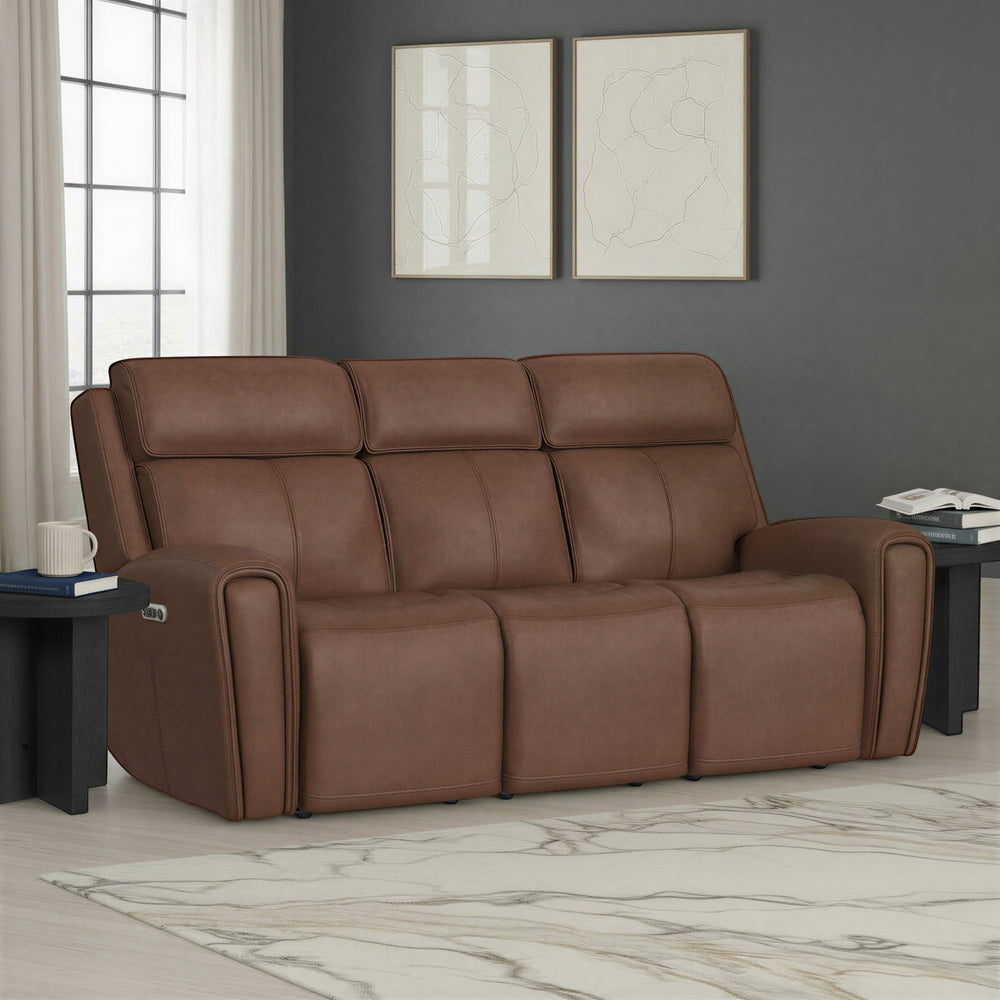 Warren Leather Power Reclining Sofa with Console, Power Headrest & Lumbar in Classic Brown