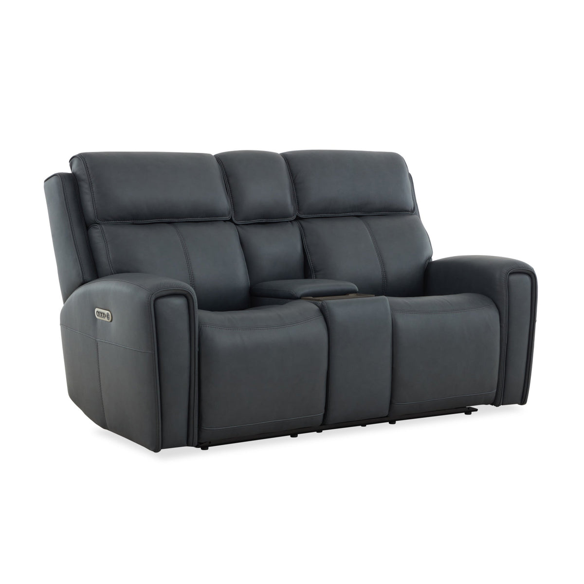 Warren Leather Power Reclining Loveseat with Console, Power Headrest & Lumbar in True Navy